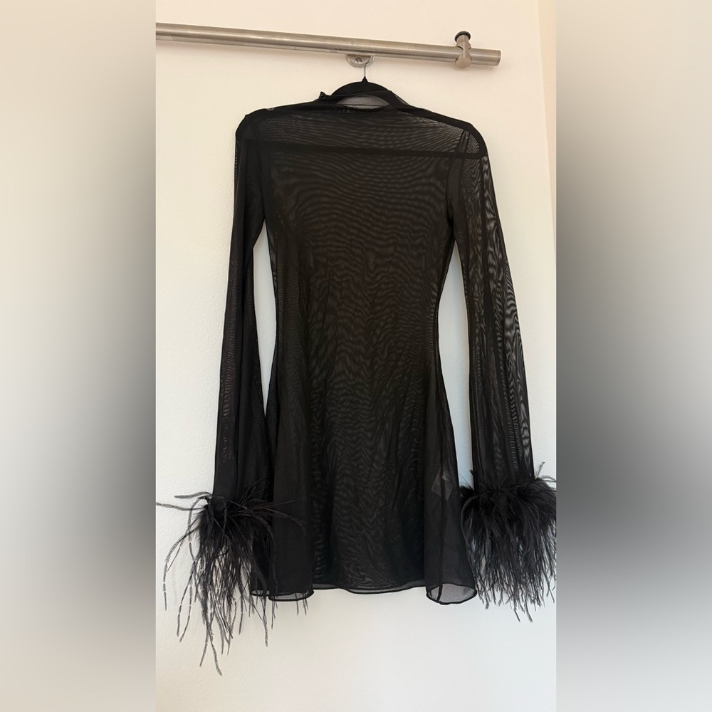 Oserée Black Sheer Dress with Feather Cuffs